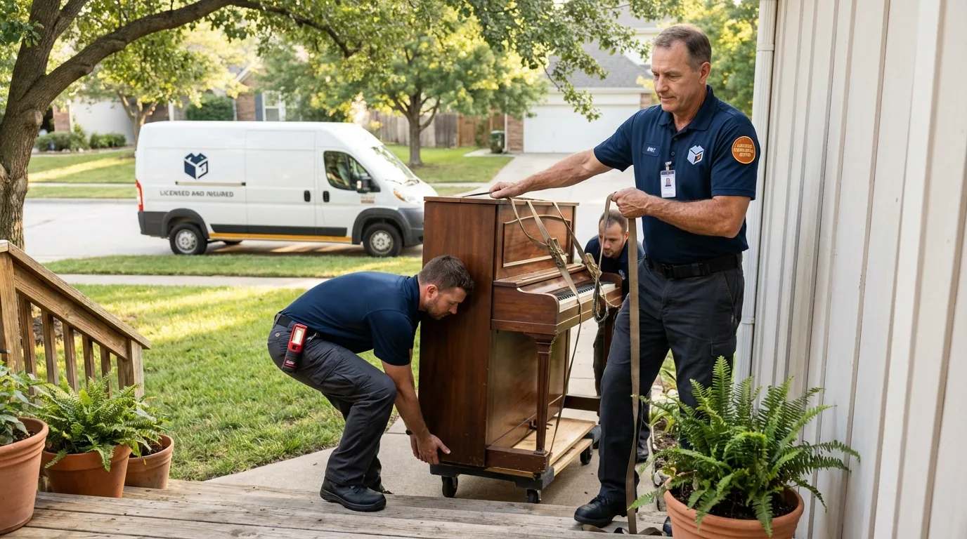 Licensed piano movers securing grand piano in Braddock, PA