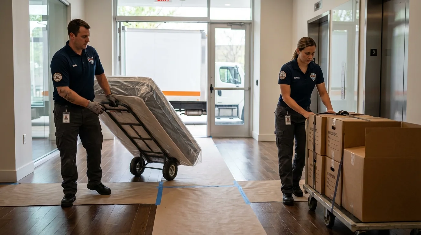Professional apartment movers loading elevator in Braddock, PA